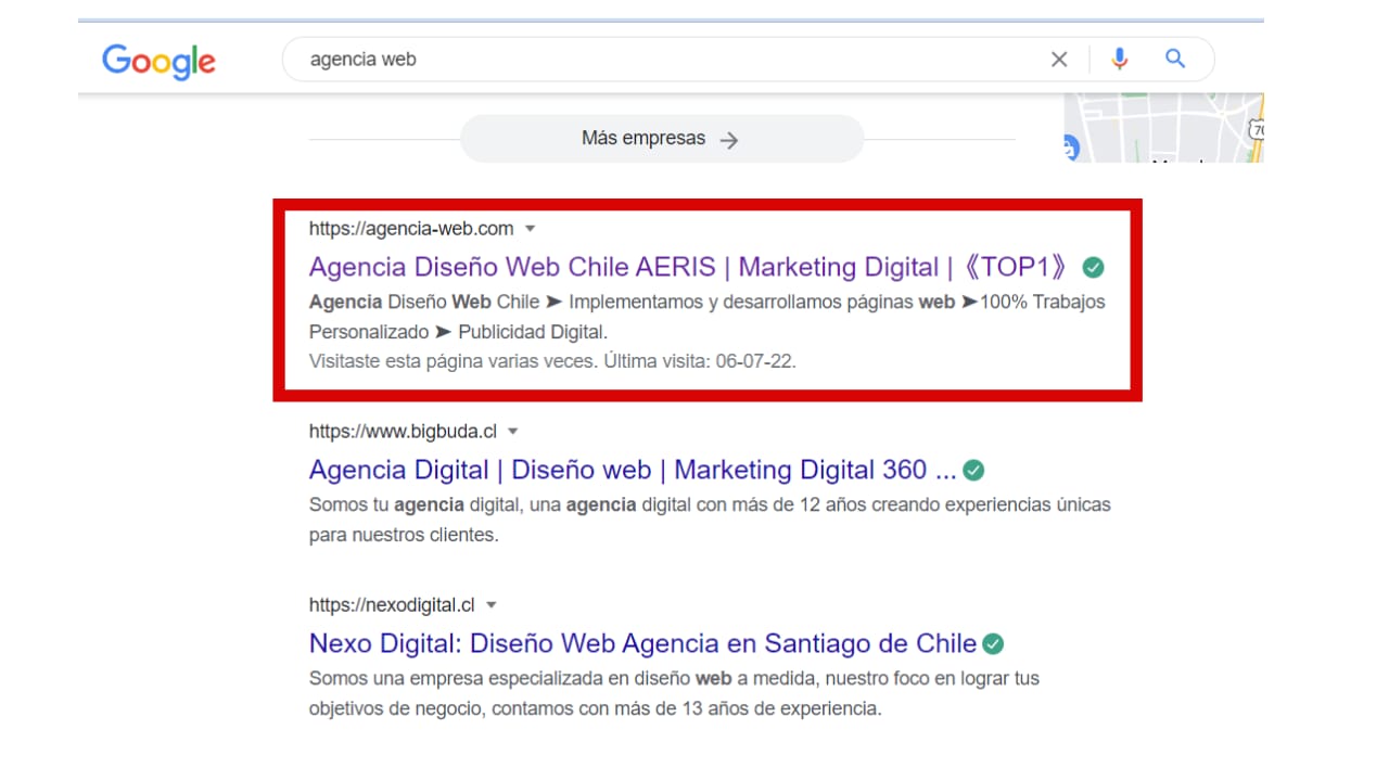 Estamos en primera posición orgánica en Google para agencia web.